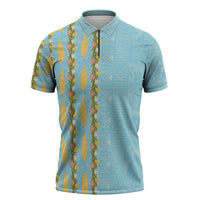Hawaii Shell Tiare Anthurium Heliconia Lei Zipper Polo Shirt With Tapa Pattern Baby Blue LT05 Blue - Polynesian Pride