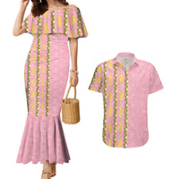 Hawaii Shell Tiare Anthurium Heliconia Lei Couples Matching Mermaid Dress and Hawaiian Shirt With Tapa Pattern Baby Pink