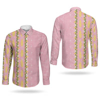 Hawaii Shell Tiare Anthurium Heliconia Lei Couples Matching Off Shoulder Short Dress and Long Sleeve Button Shirt With Tapa Pattern Baby Pink LT05 - Polynesian Pride