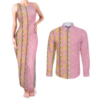 Hawaii Shell Tiare Anthurium Heliconia Lei Couples Matching Tank Maxi Dress and Long Sleeve Button Shirt With Tapa Pattern Baby Pink LT05 Pink - Polynesian Pride