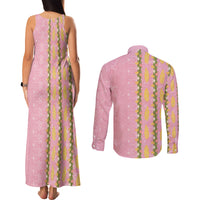 Hawaii Shell Tiare Anthurium Heliconia Lei Couples Matching Tank Maxi Dress and Long Sleeve Button Shirt With Tapa Pattern Baby Pink