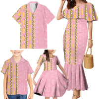 Hawaii Shell Tiare Anthurium Heliconia Lei Family Matching Mermaid Dress and Hawaiian Shirt With Tapa Pattern Baby Pink