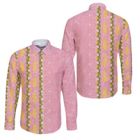 Hawaii Shell Tiare Anthurium Heliconia Lei Family Matching Mermaid Dress and Hawaiian Shirt With Tapa Pattern Baby Pink LT05 Dad's Shirt - Long Sleeve Pink - Polynesian Pride