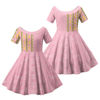 Hawaii Shell Tiare Anthurium Heliconia Lei Family Matching Off The Shoulder Long Sleeve Dress and Hawaiian Shirt With Tapa Pattern Baby Pink LT05 Daughter's Dress Pink - Polynesian Pride