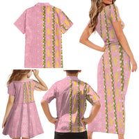 Hawaii Shell Tiare Anthurium Heliconia Lei Family Matching Short Sleeve Bodycon Dress and Hawaiian Shirt With Tapa Pattern Baby Pink