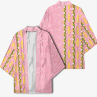 Hawaii Shell Tiare Anthurium Heliconia Lei Kimono With Tapa Pattern Baby Pink