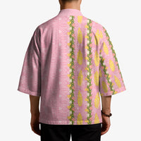 Hawaii Shell Tiare Anthurium Heliconia Lei Kimono With Tapa Pattern Baby Pink