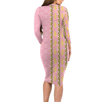 Hawaii Shell Tiare Anthurium Heliconia Lei Long Sleeve Bodycon Dress With Tapa Pattern Baby Pink