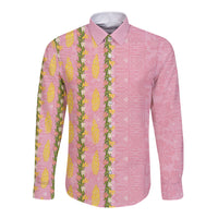 Hawaii Shell Tiare Anthurium Heliconia Lei Long Sleeve Button Shirt With Tapa Pattern Baby Pink LT05 Unisex Pink - Polynesian Pride