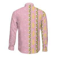 Hawaii Shell Tiare Anthurium Heliconia Lei Long Sleeve Button Shirt With Tapa Pattern Baby Pink LT05 - Polynesian Pride