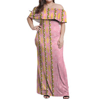 Hawaii Shell Tiare Anthurium Heliconia Lei Off Shoulder Maxi Dress With Tapa Pattern Baby Pink LT05 Women Pink - Polynesian Pride