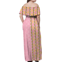 Hawaii Shell Tiare Anthurium Heliconia Lei Off Shoulder Maxi Dress With Tapa Pattern Baby Pink LT05 - Polynesian Pride