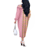 Hawaii Shell Tiare Anthurium Heliconia Lei Off The Shoulder Long Sleeve Dress With Tapa Pattern Baby Pink LT05 - Polynesian Pride