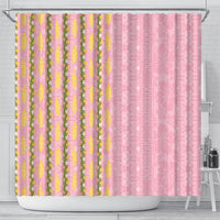 Hawaii Shell Tiare Anthurium Heliconia Lei Shower Curtain With Tapa Pattern Baby Pink