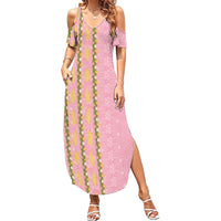 Hawaii Shell Tiare Anthurium Heliconia Lei Summer Maxi Dress With Tapa Pattern Baby Pink LT05 Women Pink - Polynesian Pride
