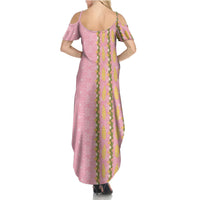 Hawaii Shell Tiare Anthurium Heliconia Lei Summer Maxi Dress With Tapa Pattern Baby Pink LT05 - Polynesian Pride