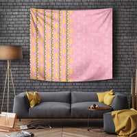 Hawaii Shell Tiare Anthurium Heliconia Lei Tapestry With Tapa Pattern Baby Pink