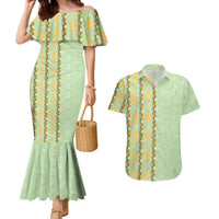 Hawaii Shell Tiare Anthurium Heliconia Lei Couples Matching Mermaid Dress and Hawaiian Shirt With Tapa Pattern Baby Green