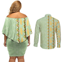Hawaii Shell Tiare Anthurium Heliconia Lei Couples Matching Off Shoulder Short Dress and Long Sleeve Button Shirt With Tapa Pattern Baby Green LT05 - Polynesian Pride
