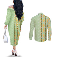 Hawaii Shell Tiare Anthurium Heliconia Lei Couples Matching Off The Shoulder Long Sleeve Dress and Long Sleeve Button Shirt With Tapa Pattern Baby Green LT05 - Polynesian Pride