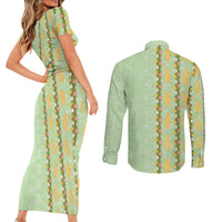 Hawaii Shell Tiare Anthurium Heliconia Lei Couples Matching Short Sleeve Bodycon Dress and Long Sleeve Button Shirt With Tapa Pattern Baby Green LT05 - Polynesian Pride