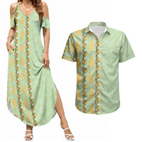 Hawaii Shell Tiare Anthurium Heliconia Lei Couples Matching Summer Maxi Dress and Hawaiian Shirt With Tapa Pattern Baby Green LT05 Green - Polynesian Pride