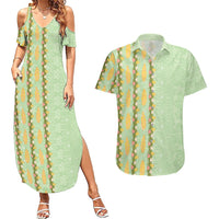 Hawaii Shell Tiare Anthurium Heliconia Lei Couples Matching Summer Maxi Dress and Hawaiian Shirt With Tapa Pattern Baby Green