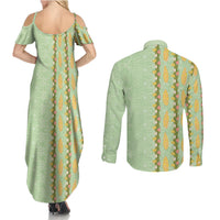 Hawaii Shell Tiare Anthurium Heliconia Lei Couples Matching Summer Maxi Dress and Long Sleeve Button Shirt With Tapa Pattern Baby Green LT05 - Polynesian Pride