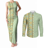 Hawaii Shell Tiare Anthurium Heliconia Lei Couples Matching Tank Maxi Dress and Long Sleeve Button Shirt With Tapa Pattern Baby Green LT05 Green - Polynesian Pride