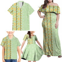 Hawaii Shell Tiare Anthurium Heliconia Lei Family Matching Off Shoulder Maxi Dress and Hawaiian Shirt With Tapa Pattern Baby Green