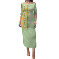 Hawaii Shell Tiare Anthurium Heliconia Lei Family Matching Puletasi and Hawaiian Shirt With Tapa Pattern Baby Green