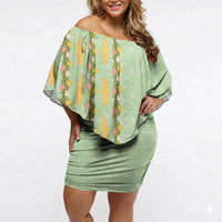 Hawaii Shell Tiare Anthurium Heliconia Lei Off Shoulder Short Dress With Tapa Pattern Baby Green LT05 Women Green - Polynesian Pride