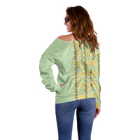 Hawaii Shell Tiare Anthurium Heliconia Lei Off Shoulder Sweater With Tapa Pattern Baby Green