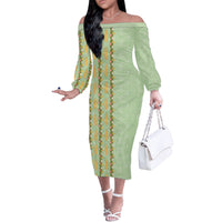 Hawaii Shell Tiare Anthurium Heliconia Lei Off The Shoulder Long Sleeve Dress With Tapa Pattern Baby Green