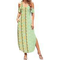 Hawaii Shell Tiare Anthurium Heliconia Lei Summer Maxi Dress With Tapa Pattern Baby Green LT05 Women Green - Polynesian Pride