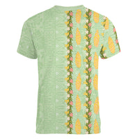Hawaii Shell Tiare Anthurium Heliconia Lei Women V-Neck T-Shirt With Tapa Pattern Baby Green