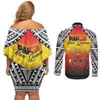 Papua New Guinea 49th Independence Day Couples Matching Off Shoulder Short Dress and Long Sleeve Button Shirt One People One Nation One PNG