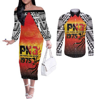 Papua New Guinea 49th Independence Day Couples Matching Off The Shoulder Long Sleeve Dress and Long Sleeve Button Shirt One People One Nation One PNG