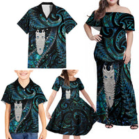 New Zealand Aotearoa Family Matching Off Shoulder Maxi Dress and Hawaiian Shirt Maori Tane Te Waiora Paua Shell Glitter Turquoise