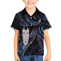 New Zealand Aotearoa Family Matching Off Shoulder Short Dress and Hawaiian Shirt Maori Tane Te Waiora Paua Shell Glitter Purple