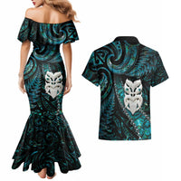 New Zealand Aotearoa Couples Matching Mermaid Dress and Hawaiian Shirt Maori Wheku Paua Shell Glitter Turquoise