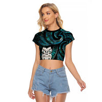 New Zealand Aotearoa Raglan Cropped T Shirt Maori Wheku Paua Shell Glitter Turquoise LT05 Female Turquoise - Polynesian Pride