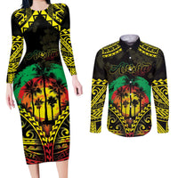 Aloha Tropical Palm Trees Couples Matching Long Sleeve Bodycon Dress and Long Sleeve Button Shirt Reggae Polynesian Pattern