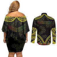 Aloha Tropical Palm Trees Couples Matching Off Shoulder Short Dress and Long Sleeve Button Shirt Reggae Polynesian Pattern