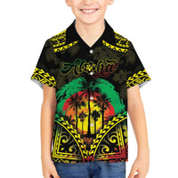 Aloha Tropical Palm Trees Family Matching Off The Shoulder Long Sleeve Dress and Hawaiian Shirt Reggae Polynesian Pattern