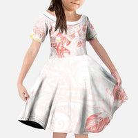 Polynesia Hammerhead Shark Kid Short Sleeve Dress Tropical Flowers Tribal Pattern Peach