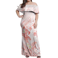 Polynesia Hammerhead Shark Off Shoulder Maxi Dress Tropical Flowers Tribal Pattern Peach