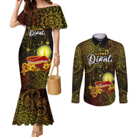 Happy Diwali Festival Couples Matching Mermaid Dress and Long Sleeve Button Shirts Diya Lamp Hibiscus Polynesian Pattern LT05 Yellow - Polynesian Pride