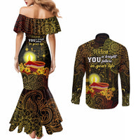 Happy Diwali Festival Couples Matching Mermaid Dress and Long Sleeve Button Shirts Diya Lamp Hibiscus Polynesian Pattern LT05 - Polynesian Pride