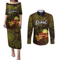 Happy Diwali Festival Couples Matching Puletasi Dress and Long Sleeve Button Shirts Diya Lamp Hibiscus Polynesian Pattern LT05 Yellow - Polynesian Pride